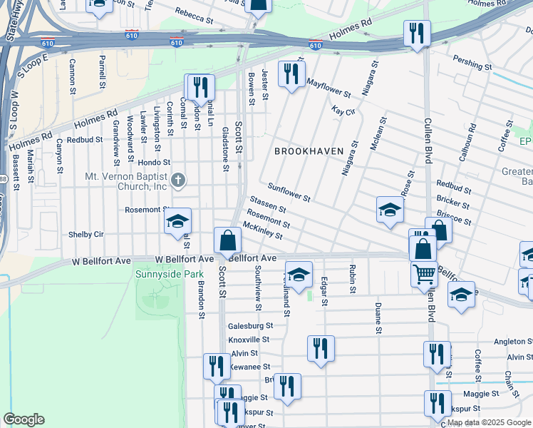 map of restaurants, bars, coffee shops, grocery stores, and more near 4109 Rosemont Street in Houston