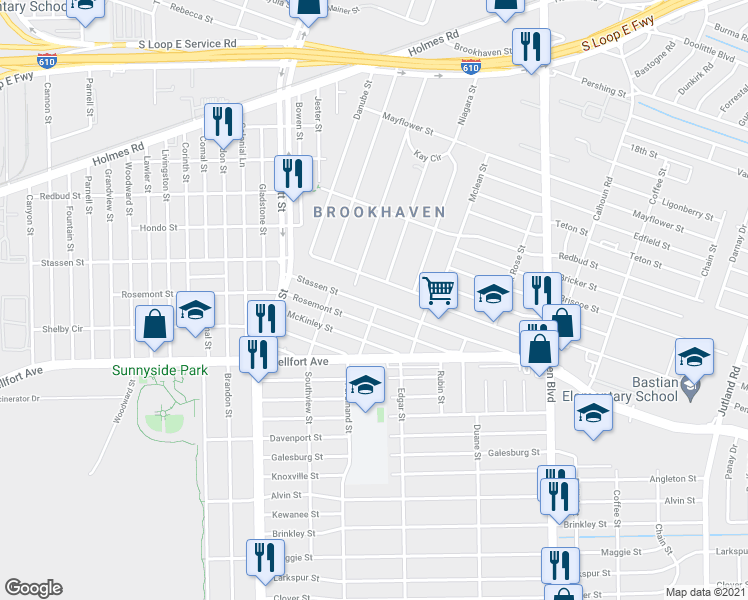 map of restaurants, bars, coffee shops, grocery stores, and more near 4409 Stassen Street in Houston