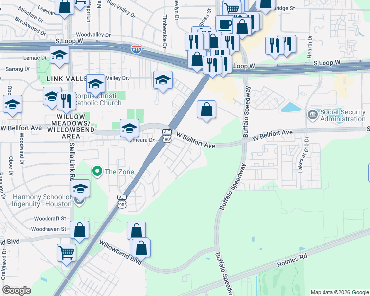 map of restaurants, bars, coffee shops, grocery stores, and more near 3131 West Bellfort Boulevard in Houston