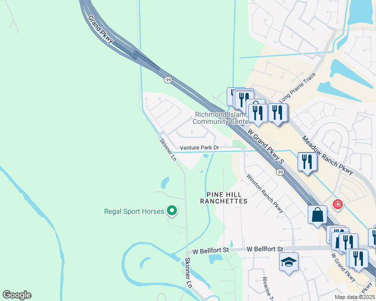 map of restaurants, bars, coffee shops, grocery stores, and more near 21607 Venture Park Drive in Richmond