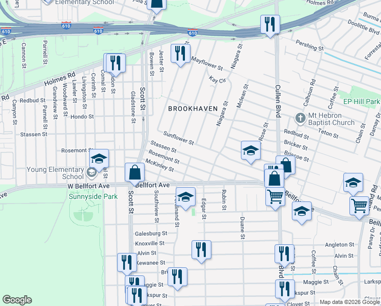 map of restaurants, bars, coffee shops, grocery stores, and more near 4409 Stassen Street in Houston