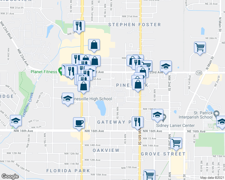 map of restaurants, bars, coffee shops, grocery stores, and more near 933 Northwest 21st Avenue in Gainesville