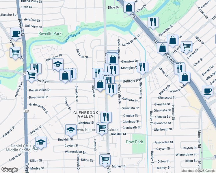 map of restaurants, bars, coffee shops, grocery stores, and more near 8324 Broadway Street in Houston