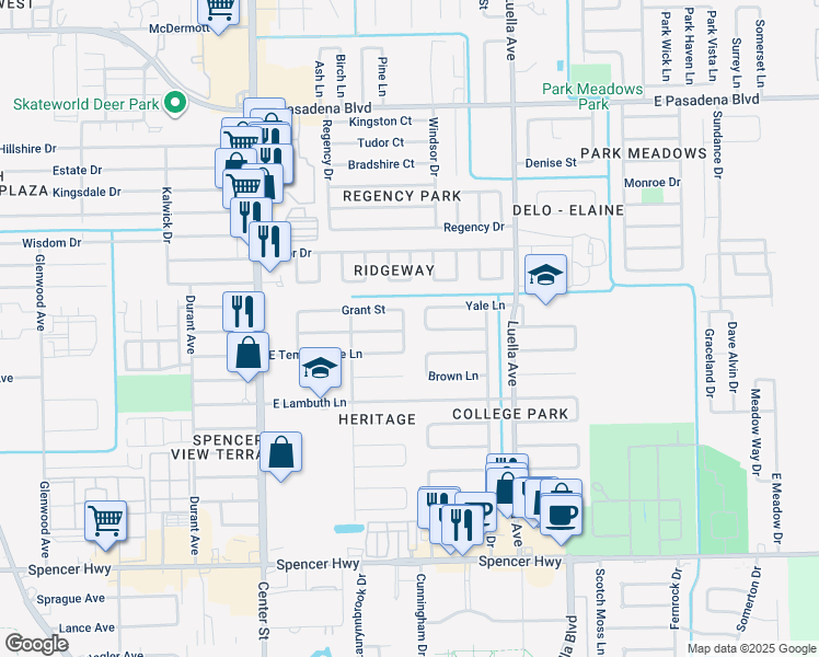 map of restaurants, bars, coffee shops, grocery stores, and more near 617 Grant Street in Deer Park