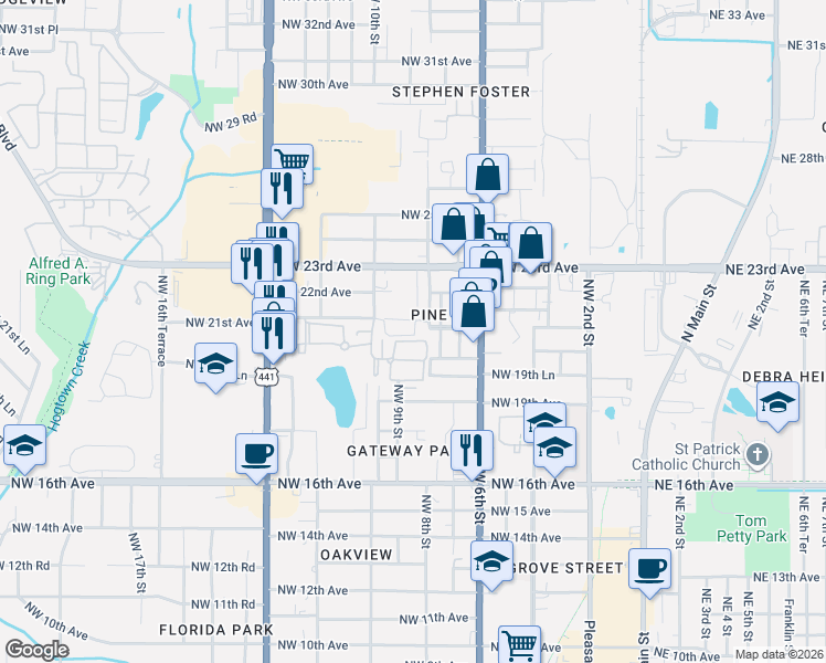 map of restaurants, bars, coffee shops, grocery stores, and more near 851 Northwest 21 Avenue in Gainesville
