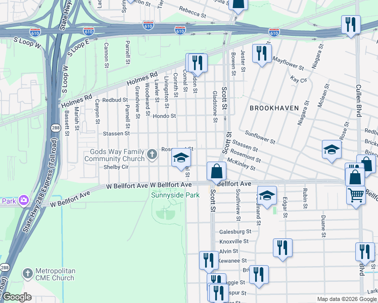 map of restaurants, bars, coffee shops, grocery stores, and more near 8305 Comal Street in Houston