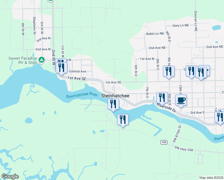map of restaurants, bars, coffee shops, grocery stores, and more near in Steinhatchee