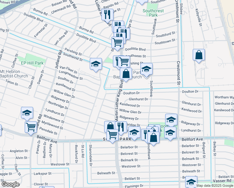 map of restaurants, bars, coffee shops, grocery stores, and more near 7707 Martin Luther King Boulevard in Houston