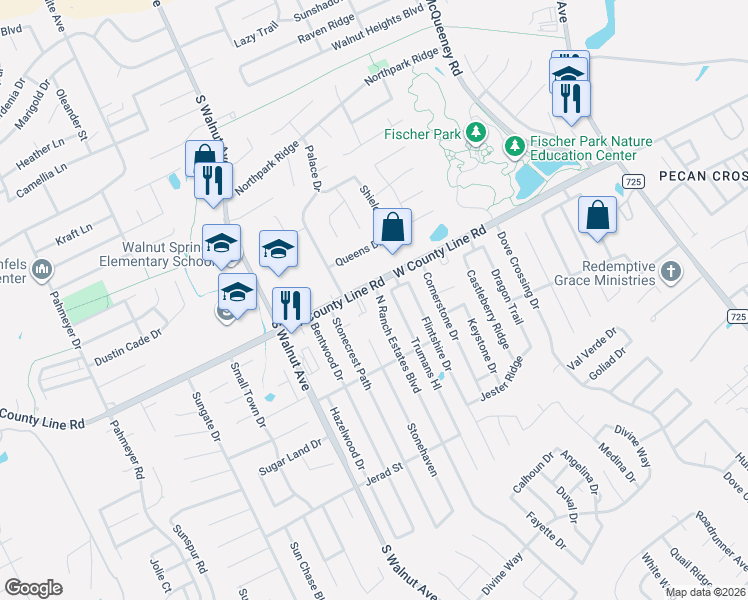 map of restaurants, bars, coffee shops, grocery stores, and more near 2024 North Ranch Estates Boulevard in New Braunfels