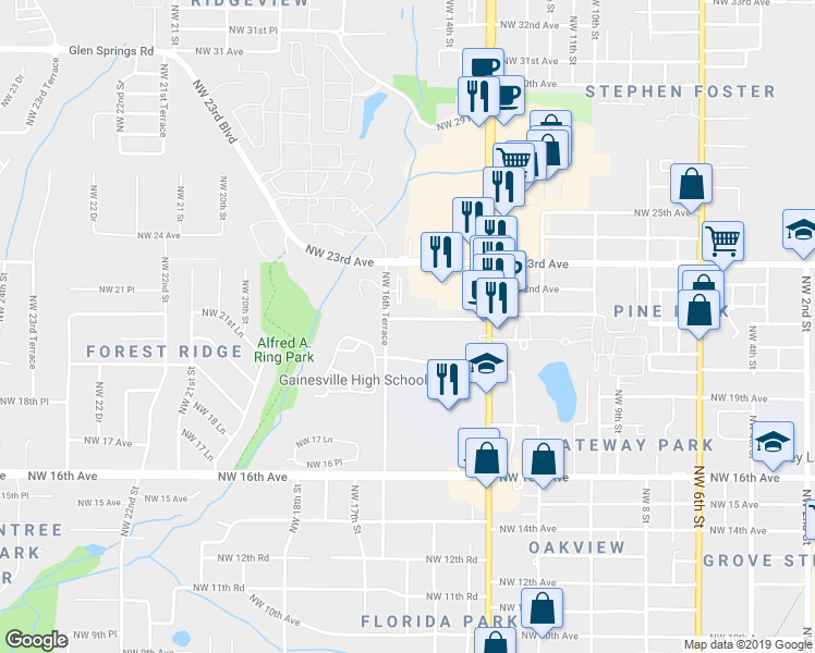 map of restaurants, bars, coffee shops, grocery stores, and more near 1605 Northwest 21 Avenue in Gainesville