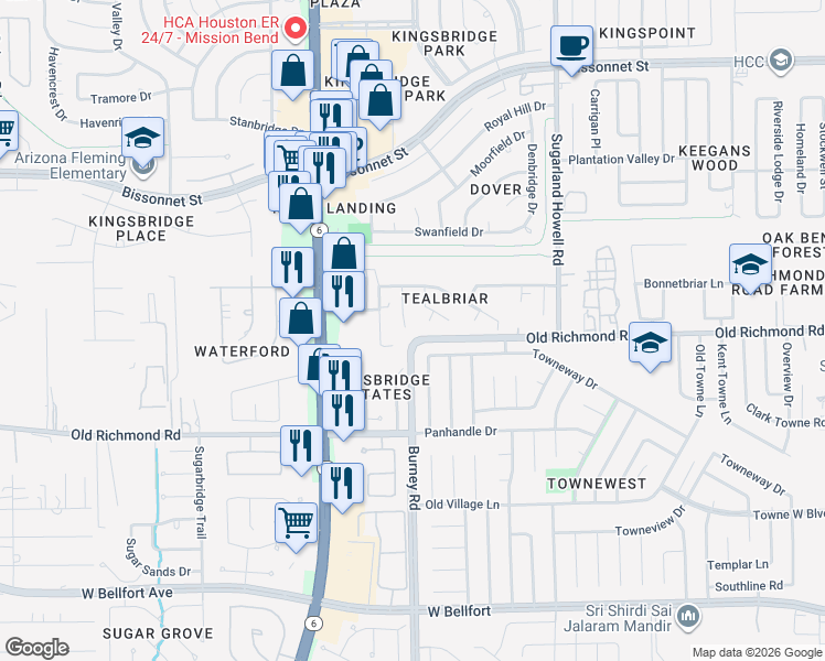 map of restaurants, bars, coffee shops, grocery stores, and more near 9811 Calverton Drive in Sugar Land