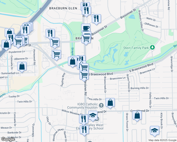 map of restaurants, bars, coffee shops, grocery stores, and more near 8550 South Braeswood Boulevard in Houston