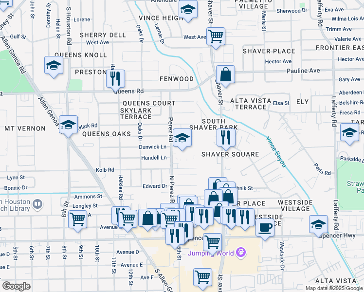map of restaurants, bars, coffee shops, grocery stores, and more near 2703 Perez Road in Pasadena