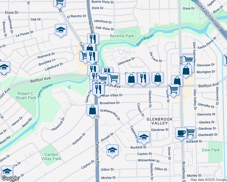 map of restaurants, bars, coffee shops, grocery stores, and more near 7703 Pecan Villas Drive in Houston