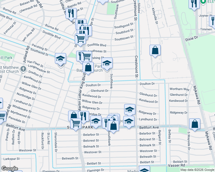 map of restaurants, bars, coffee shops, grocery stores, and more near 5839 Glenhurst Drive in Houston