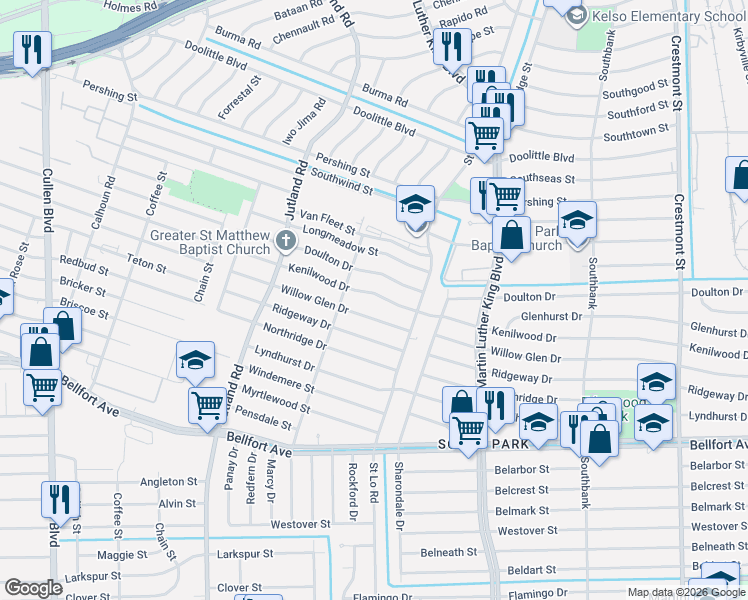 map of restaurants, bars, coffee shops, grocery stores, and more near 5406 Kenilwood Drive in Houston