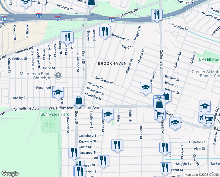 map of restaurants, bars, coffee shops, grocery stores, and more near 4310 Stassen Street in Houston