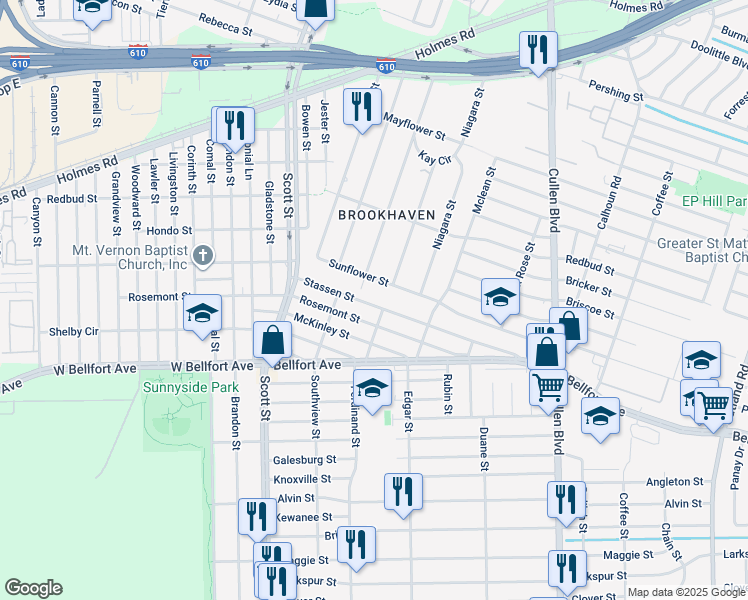 map of restaurants, bars, coffee shops, grocery stores, and more near 4310 Stassen Street in Houston
