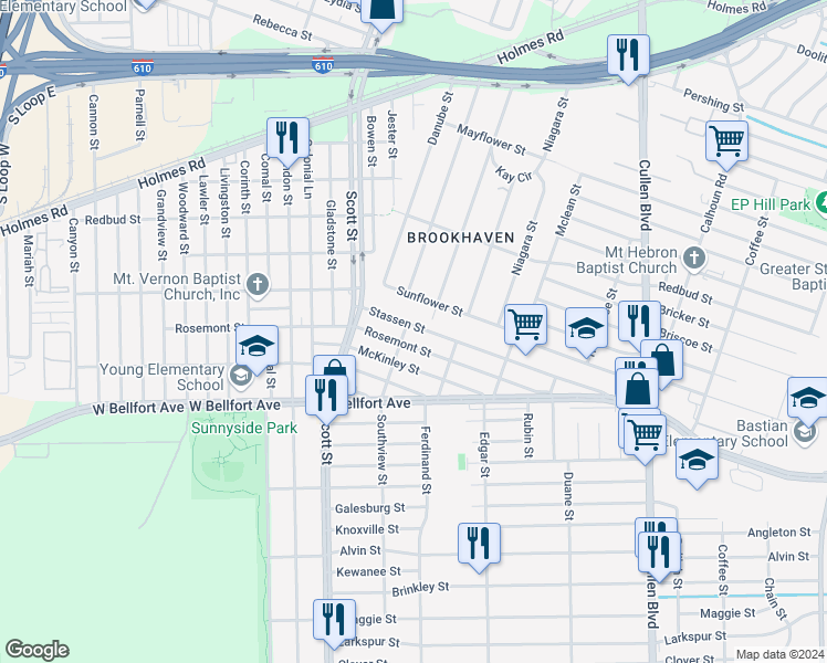 map of restaurants, bars, coffee shops, grocery stores, and more near 4109 Rosemont Street in Houston