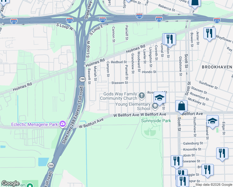 map of restaurants, bars, coffee shops, grocery stores, and more near 8301 Canyon Street in Houston