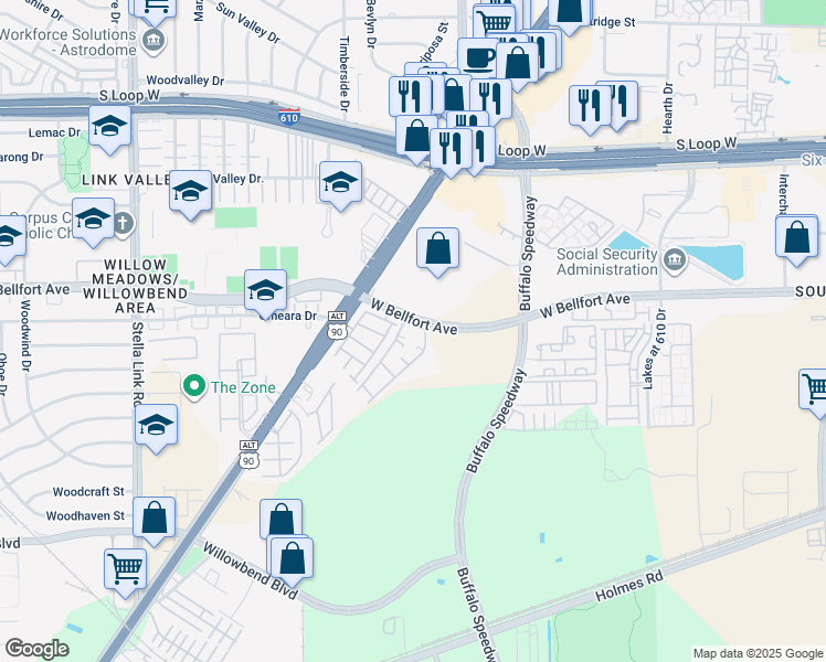 map of restaurants, bars, coffee shops, grocery stores, and more near 14410 Buffalo Speedway in Houston