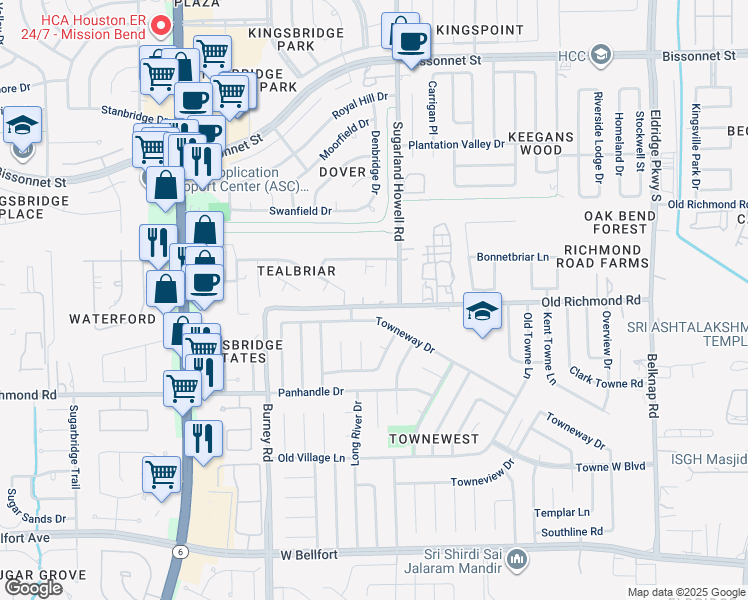 map of restaurants, bars, coffee shops, grocery stores, and more near 14066 Towneway Drive in Sugar Land