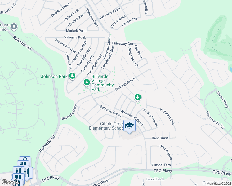 map of restaurants, bars, coffee shops, grocery stores, and more near 24102 Range Water in San Antonio