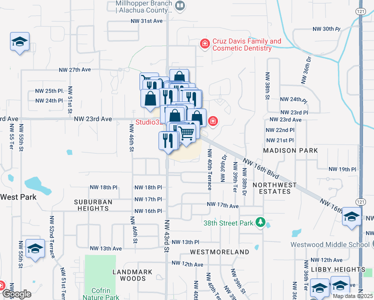 map of restaurants, bars, coffee shops, grocery stores, and more near 4115 Northwest 16th Boulevard in Gainesville