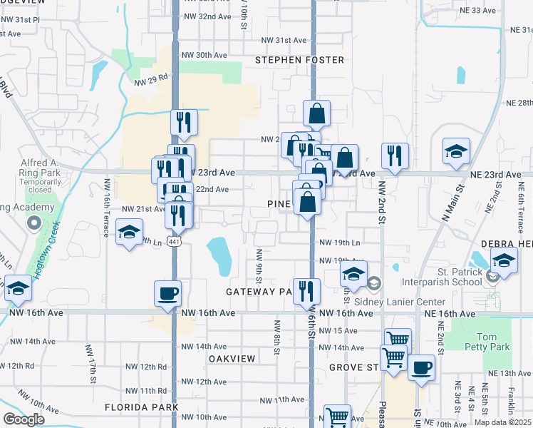 map of restaurants, bars, coffee shops, grocery stores, and more near 885 Northwest 21 Avenue in Gainesville