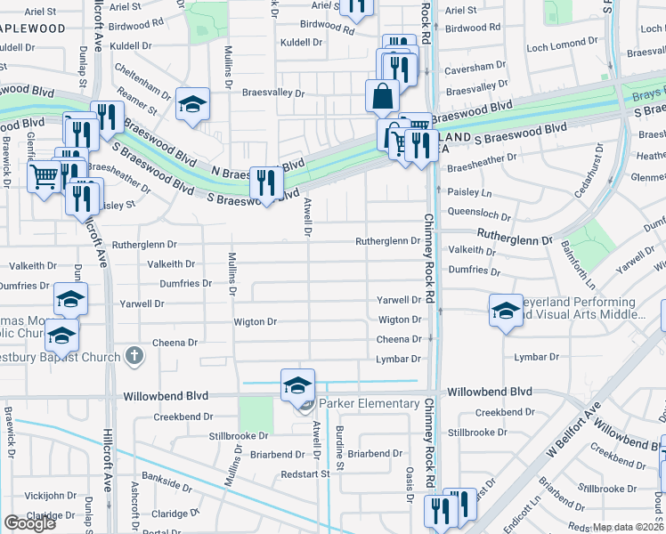 map of restaurants, bars, coffee shops, grocery stores, and more near 5527 Valkeith Drive in Houston