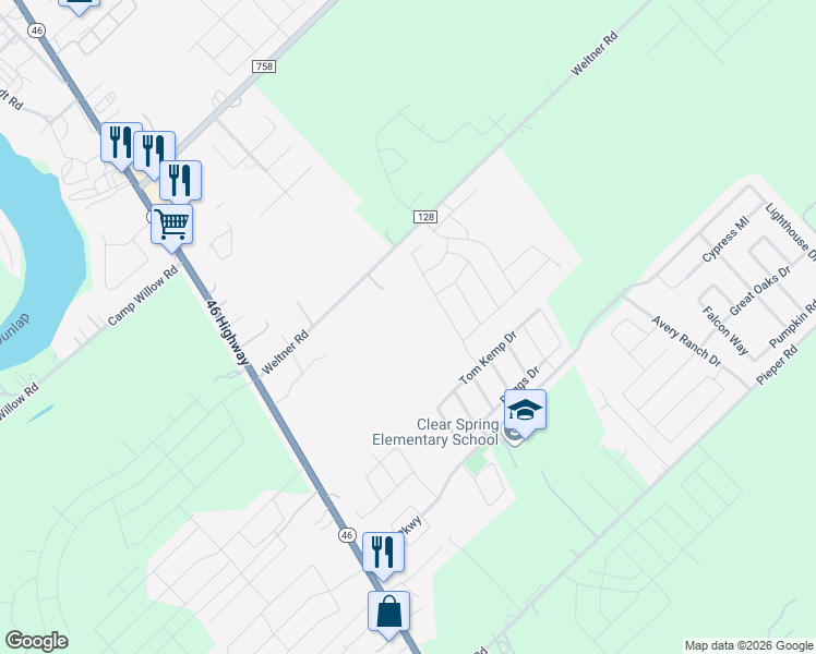 map of restaurants, bars, coffee shops, grocery stores, and more near 1456 Weltner Road in New Braunfels