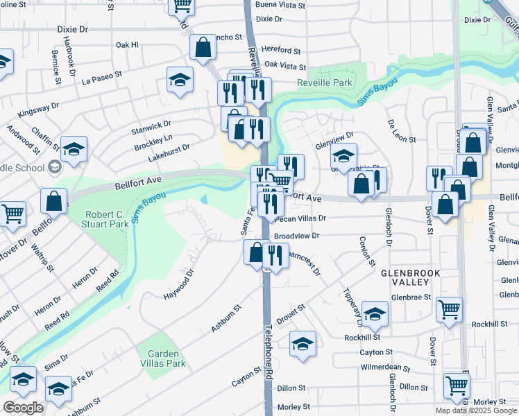 map of restaurants, bars, coffee shops, grocery stores, and more near in Houston