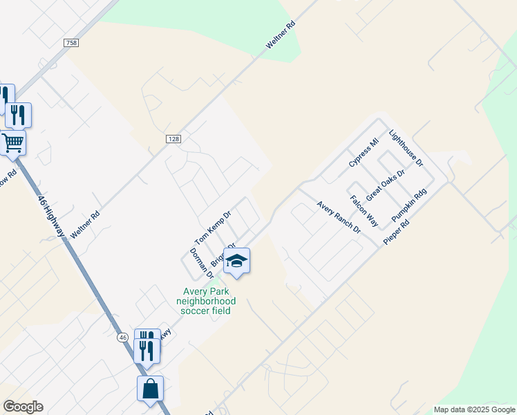 map of restaurants, bars, coffee shops, grocery stores, and more near 2151 Brinkley Drive in New Braunfels