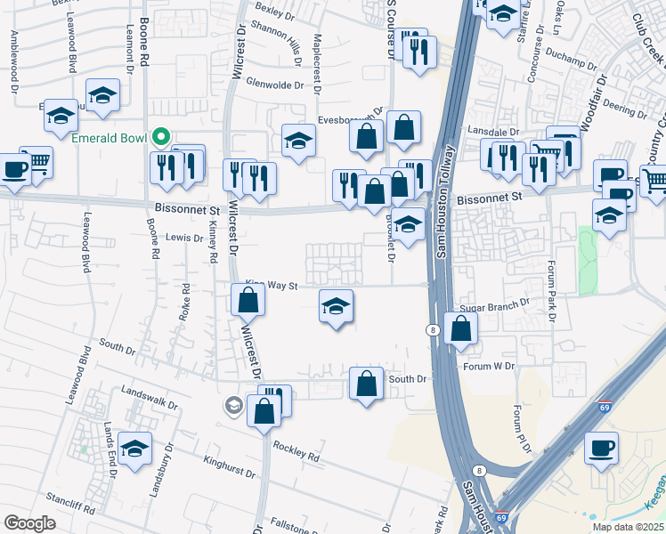 map of restaurants, bars, coffee shops, grocery stores, and more near 10800 Kipp Way Street in Houston