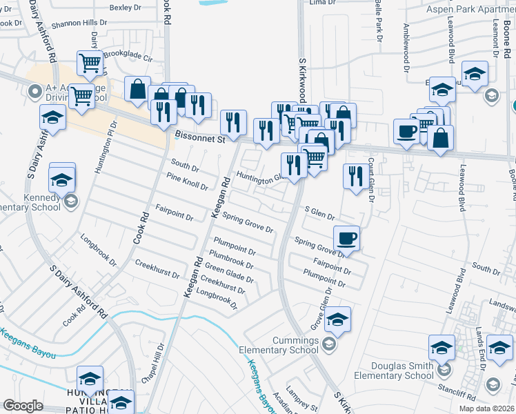map of restaurants, bars, coffee shops, grocery stores, and more near 9850 South Kirkwood Road in Houston