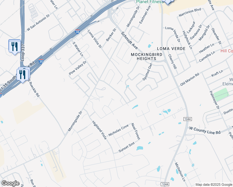 map of restaurants, bars, coffee shops, grocery stores, and more near 450 South Water Lane in New Braunfels