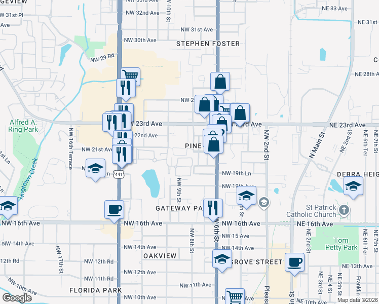 map of restaurants, bars, coffee shops, grocery stores, and more near 851 Northwest 21 Avenue in Gainesville