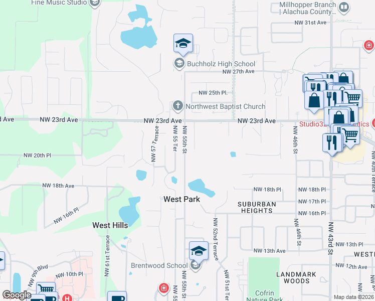map of restaurants, bars, coffee shops, grocery stores, and more near 2030 Northwest 54th Terrace in Gainesville