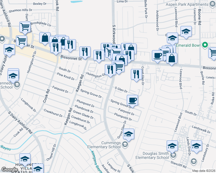 map of restaurants, bars, coffee shops, grocery stores, and more near 9803 South Kirkwood Road in Houston