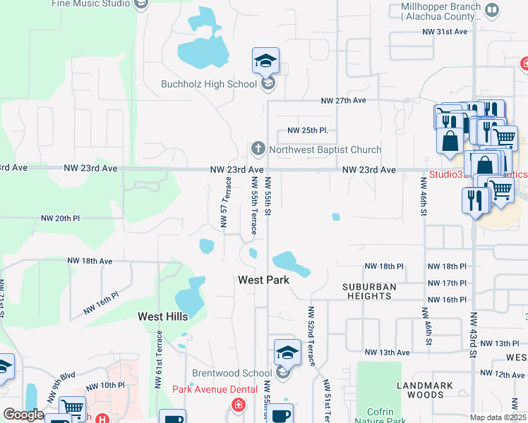 map of restaurants, bars, coffee shops, grocery stores, and more near 2030 Northwest 55th Street in Gainesville