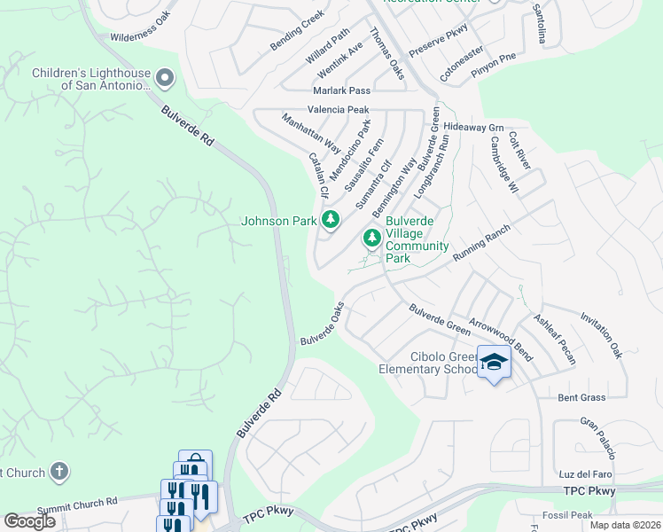 map of restaurants, bars, coffee shops, grocery stores, and more near 3418 Bennington Way in San Antonio