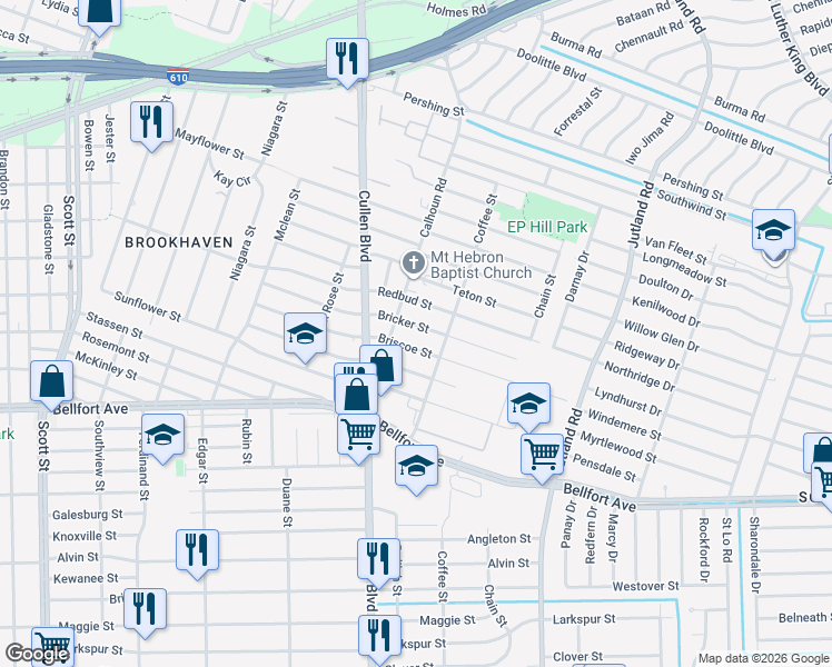 map of restaurants, bars, coffee shops, grocery stores, and more near 4829 Briscoe Street in Houston