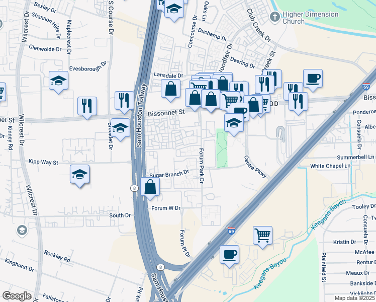 map of restaurants, bars, coffee shops, grocery stores, and more near 9898 Forum Park Drive in Houston