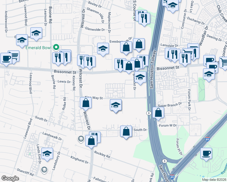 map of restaurants, bars, coffee shops, grocery stores, and more near 10800 Kipp Way Street in Houston