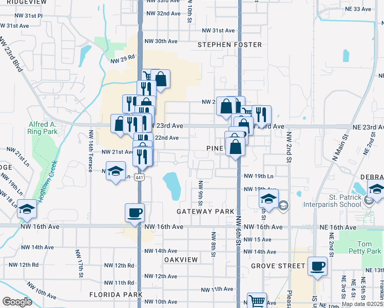 map of restaurants, bars, coffee shops, grocery stores, and more near 941 Northwest 21st Avenue in Gainesville
