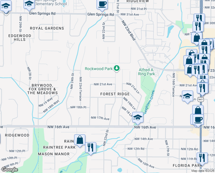 map of restaurants, bars, coffee shops, grocery stores, and more near 2230 Northwest 20th Court in Gainesville