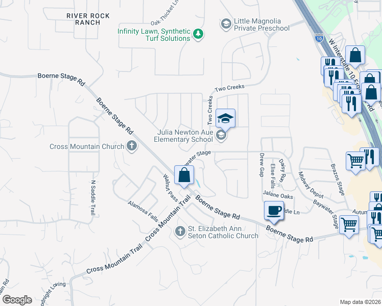 map of restaurants, bars, coffee shops, grocery stores, and more near 24806 Cloudy Creek in San Antonio
