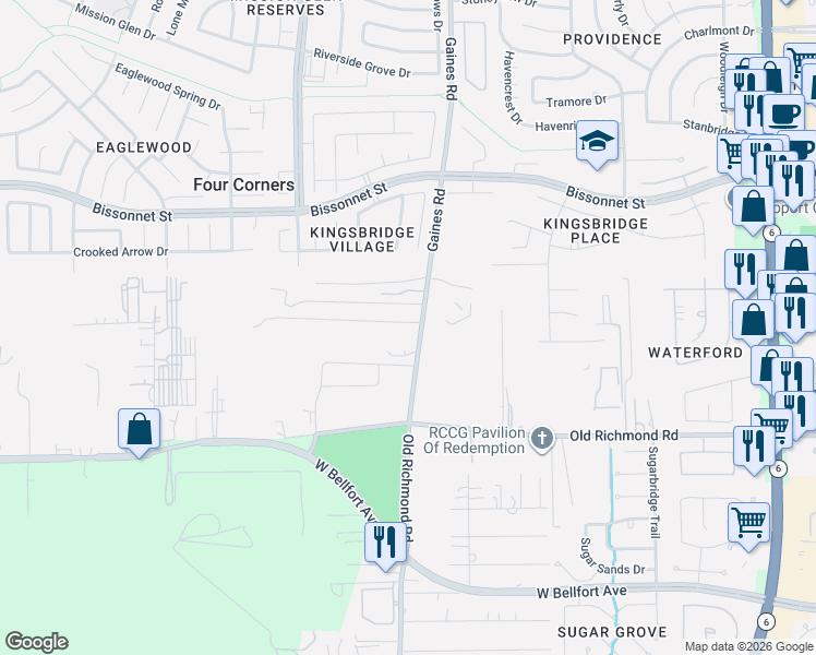 map of restaurants, bars, coffee shops, grocery stores, and more near 9728 Gaines Road in Sugar Land