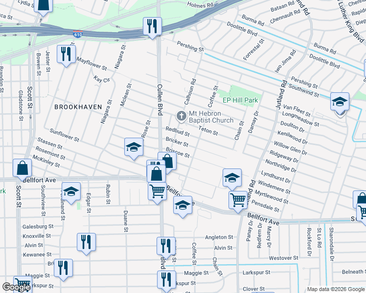 map of restaurants, bars, coffee shops, grocery stores, and more near 4829 Briscoe Street in Houston