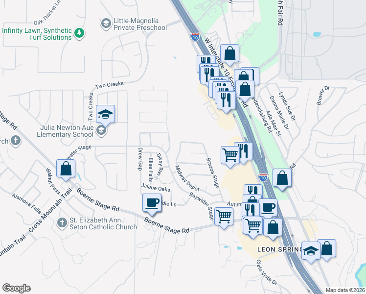 map of restaurants, bars, coffee shops, grocery stores, and more near 8231 Midway Depot in San Antonio